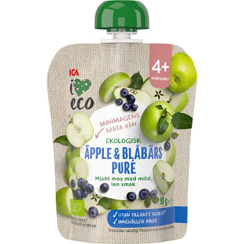 Mellanmål Barn Äpple & blåbärspuré 4+mån 90g ICA I love eco